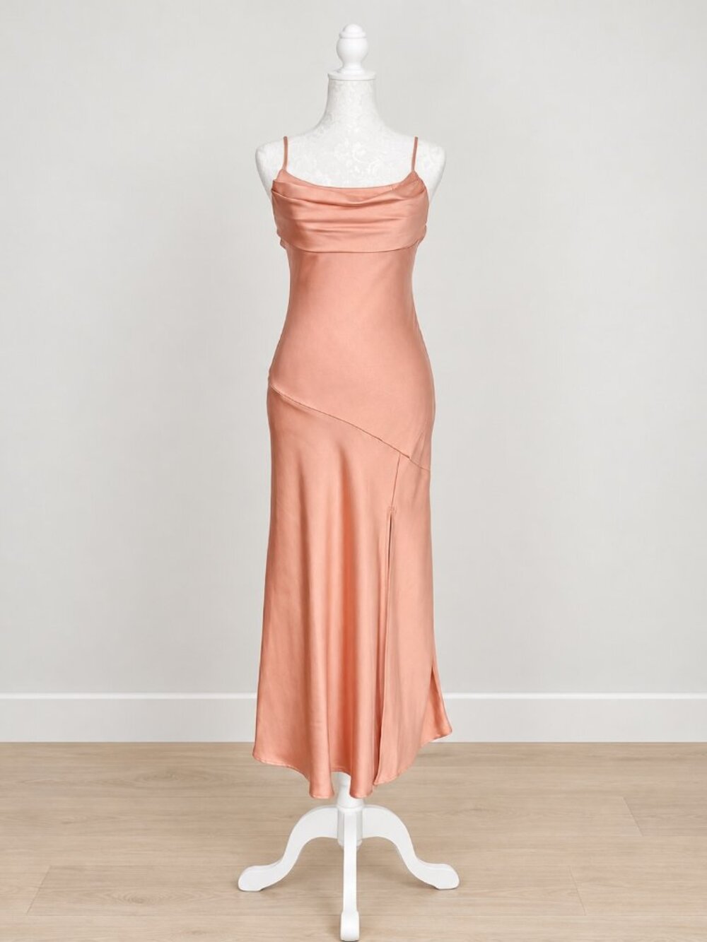 Selfie Leslie Satin Midi Dress Peach Size XS | Cowl Neck Slit